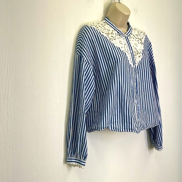 Zara - Lace Design Blue And White Stripe Button Down Long Sleeve Top Size XS - Picture 4 of 11